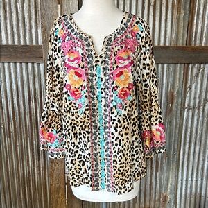 Savanna Jane Multicolor Embroidered Leopard Print Blouse